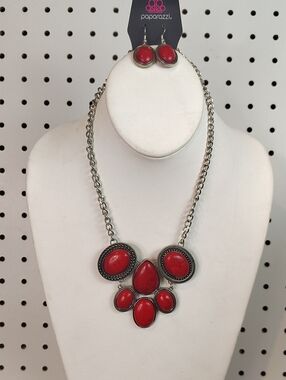 paparazzi Red Oval Statement Necklace and Earring Set